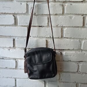 Womens Black Leather Messenger Bag with Brown Strap